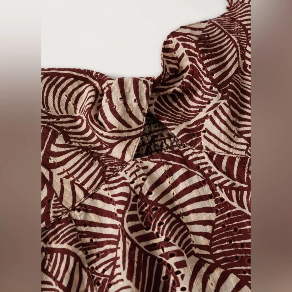 Mango Leaf-Print Mini Dress in Burgundy and Cream - Picture 7 of 11